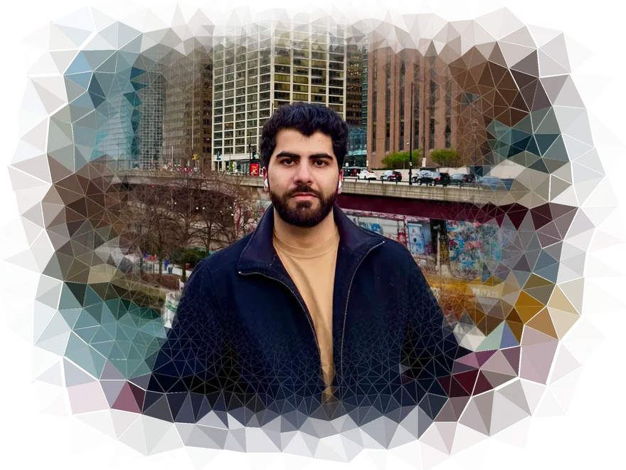 Meer Mehran on the Chicago Riverwalk; the photograph dissolves outward into a triangulated mesh